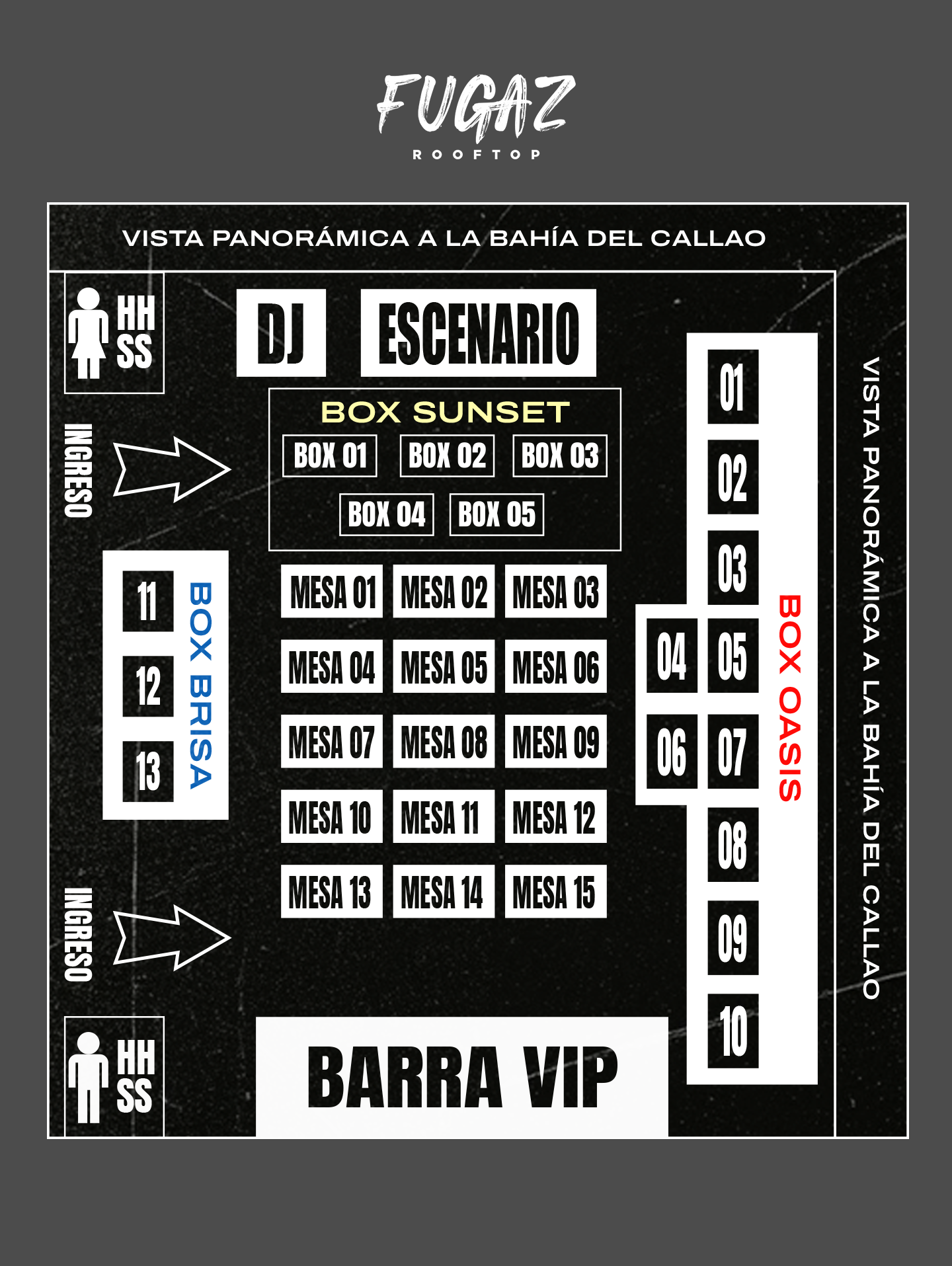 Plano de mesas y boxes de Fugaz Rooftop